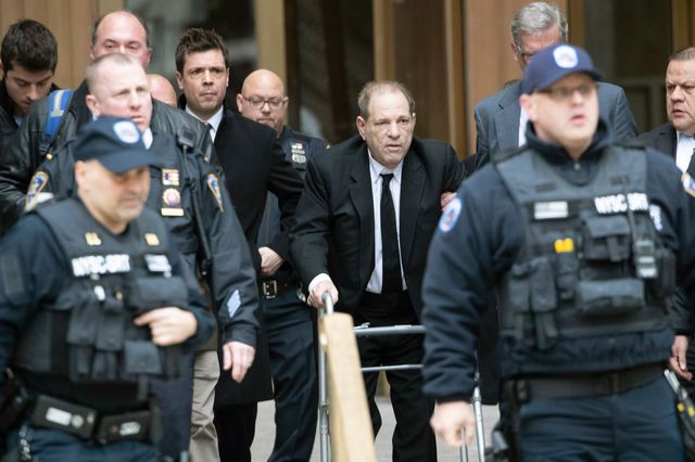 Disgraced movie producer Harvey Weinstein surrounded by court officers January 6, 2020, the first day of a criminal trial against him for rape and sexual misconduct.